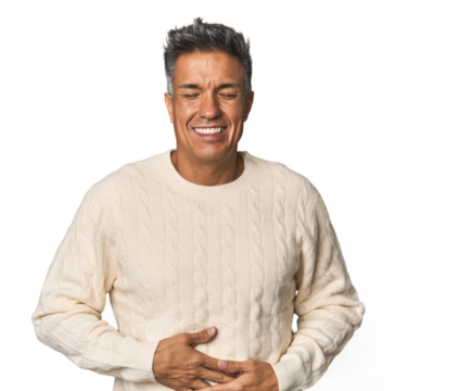 Middle-aged Latino man touches tummy, smiles gently, eating and satisfaction concept. - Powered by Adobe