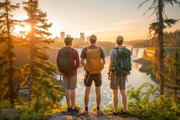 three friends are standing by a cliff overlooking a river, as the sun is setting