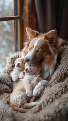 Dog and Kitten Cuddle Together on a Blanket