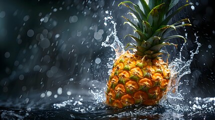 Fresh juicy pineapple fruit with water splash isolated on background, healthy tropical fruit 