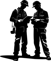 Technical Tandem Blueprint Holding Engineers Engineering Visionaries Duo with Paper Emblem