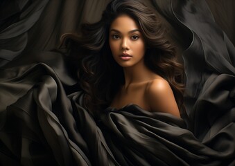 AI generated illustration of a beautiful woman wrapped in black sheets