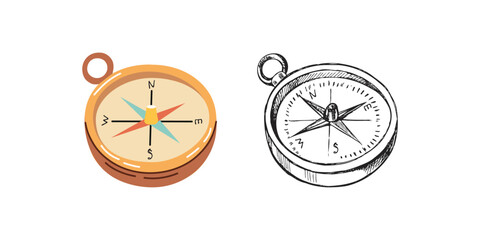 Cute hand drawn compass. Flat and outline black vector illustration isolated on white background. Doodle drawing.
