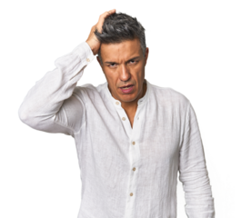 Middle-aged Latino man being shocked, she has remembered important meeting.