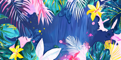 Abstract art background made of tropical leaves, branches and flower. Nature banner