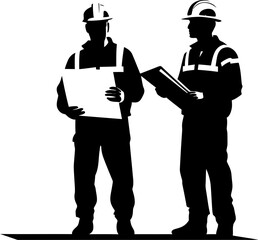 Technical Teamwork Duo with Plan Icon Designing Duo Engineers Holding Blueprint Emblem