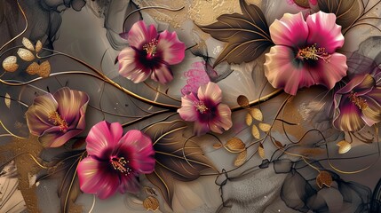 Artistic background featuring flowers, branches, and gold elements on canvas, suitable for wall decor, wallpaper, or carpets