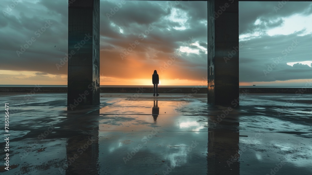 Wall mural the silhouette of a person standing in an open area with multiple columns and a sunset - Wall murals