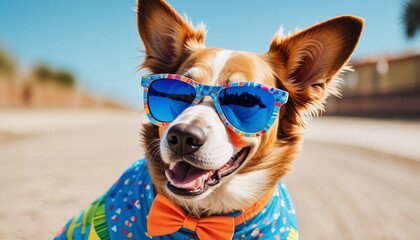 a brown and white dog wearing some sunglasses and a bow tie