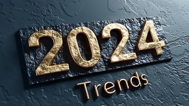 "2024 Trends" text in elegant gold lettering against a classic black background, representing timeless sophistication. 16k, realistic, full ultra HD, high resolution and cinematic photography