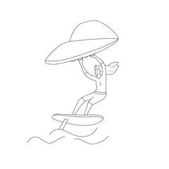 Woman standing on a board, holds onto a wing and moves the board across the water. Wing foiling sport. Vector isolated  illustration in line style.