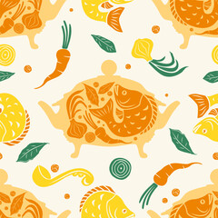 Tureens and ingredients for fish broth. (Fish, onions, carrots, etc.) Seamless vector pattern.