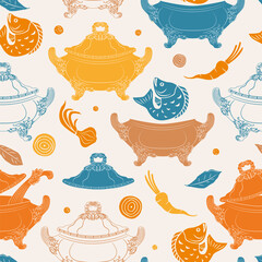 
Tureens and ingredients for fish broth. (Fish, onions, carrots, etc.) Seamless vector pattern.

