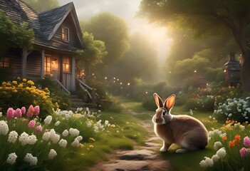 AI generated illustration of a cute Easter bunny rests on the grass near a house at sunrise - obrazy, fototapety, plakaty