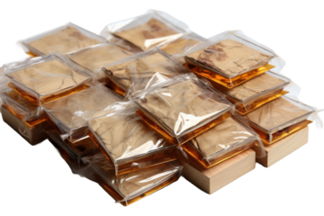 Symphony of Squares: Brown and White Plastic Bag Collection. On White or PNG Transparent Background.