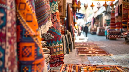 Colorful handmade carpets displayed at a street market in Morocco, within the old Tbilisi bazaar