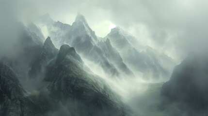 AI generated illustration of a mountain range covered with clouds and fog