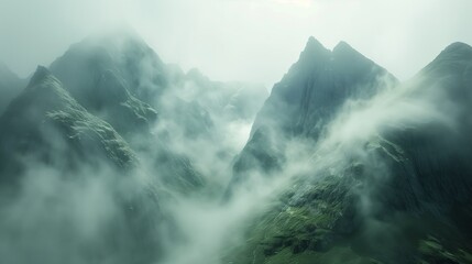 AI generated illustration of a mountain range covered with clouds and fog - obrazy, fototapety, plakaty
