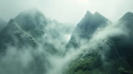 Fotobehang AI generated illustration of a mountain range covered with clouds and fog © Wirestock