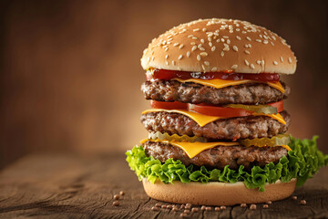 A delicious cheeseburger on a wooden background, featuring a sesame seed bun, lettuce, tomato, beef patty, cheese, and onions This classic fast food meal is perfect for lunch or dinner