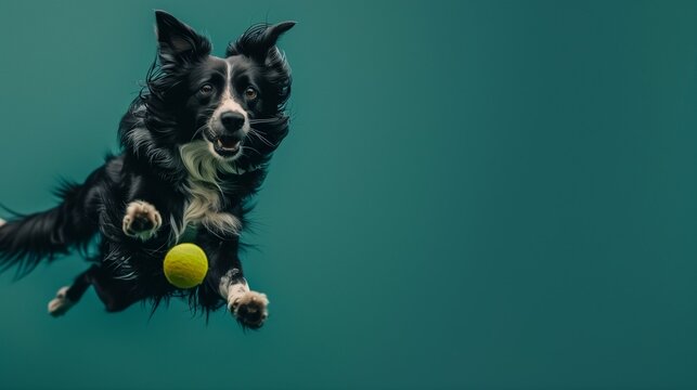 AI generated illustration of a dog catching tennis ball against a green backdrop