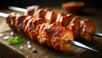 Juicy Grilled Kebabs on Wooden Skewers with Fresh Herbs and Spices