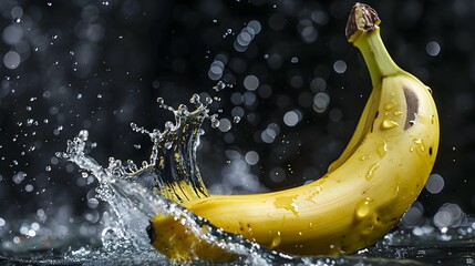 Closeup fresh banana hit by splashes of water with black blur background  - obrazy, fototapety, plakaty