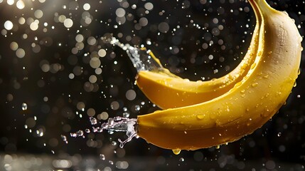 Closeup fresh banana hit by splashes of water with black blur background  - obrazy, fototapety, plakaty