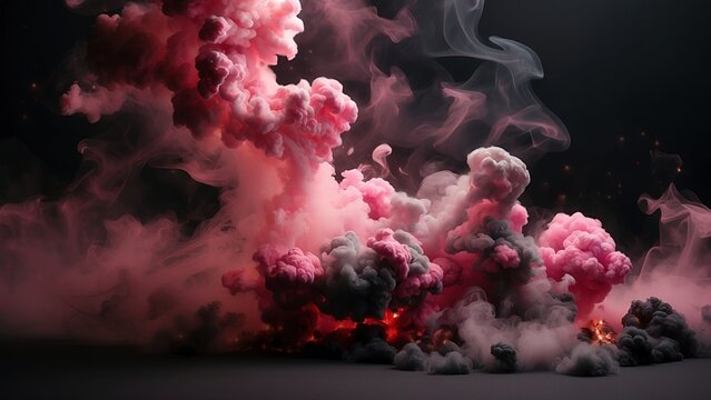 Pink and black smoke mist clouds background. Beautiful dark smokey wallpaper. Abstract misty header design concept.