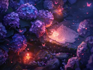 flowers and light on the ground in the dark with butterflies
