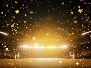 Gold background, lights and golden confetti on the gold background, football stadium with spotlights, banner for sports events