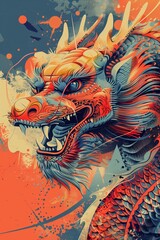 some very colorful art style illustration of a dragon with red and blue paint