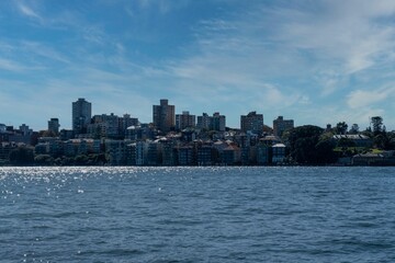 View of the city buildings against the blue sky. Sydney, Australia.