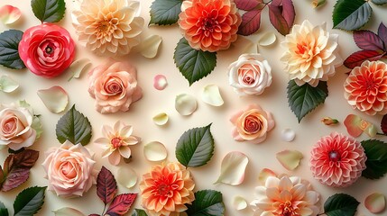 An assortment of colorful blooms and verdant leaves showcased on a minimalist ivory background, rendered in pristine 16k full ultra HD