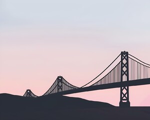 silhouette of the bay bridge in a pink sky with mountains