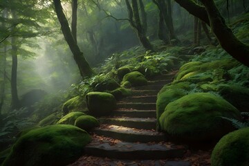 AI generated illustration of a winding stairway ascends into a lush green forest trail - obrazy, fototapety, plakaty