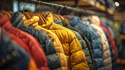 Colorful Array of Puffer Jackets on Store Rack. Concept Fashion Retail, Winter Wardrobe, Outerwear Styles, Trendy Jackets, Clothing Display - obrazy, fototapety, plakaty