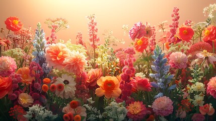 Fototapeta na wymiar A stunning display of flowers and plants set against a soft peach background, depicted in vivid 16k full ultra HD, their radiant colors and graceful forms illuminated with cinematic precision.