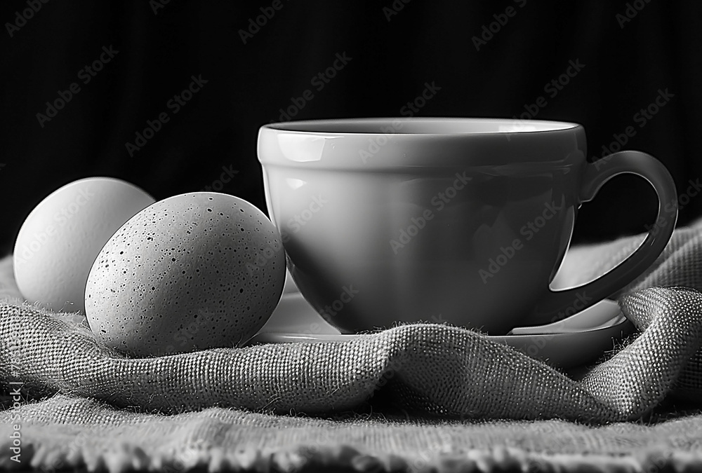 Poster AI generated illustration of eggs beside a cluster of chicken eggs on a rustic tablecloth