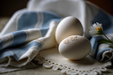 AI generated illustration of eggs with flowers resting on them, placed on a napkin on a table - obrazy, fototapety, plakaty