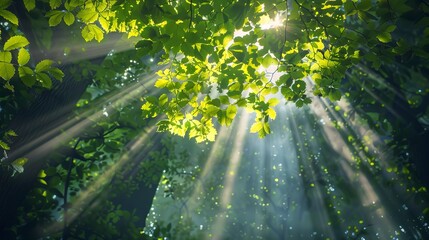 Sunbeams piercing through forest canopy, close-up, low angle, dappled morning light