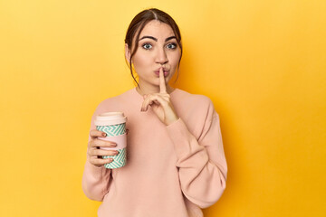 Young caucasian woman holding a takeaway coffee cup keeping a secret or asking for silence.
