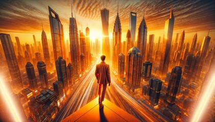 the sun rises over a man standing on a ledge above city skyline - obrazy, fototapety, plakaty