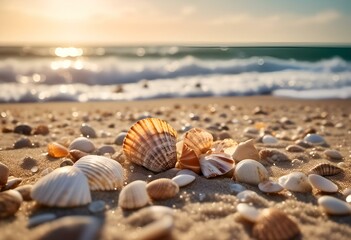 Fototapeta na wymiar shells and starfishs line the shore of a beach