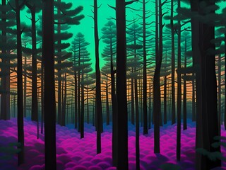 AI generated illustration of A forest at sunset