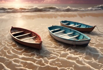 AI generated illustration of boats moored by the water on a sandy beach - obrazy, fototapety, plakaty