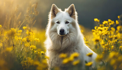 Swiss Shepherd dog breed in field with yellow flowers. Cute pet. Domestic animal. Blurred backdrop.