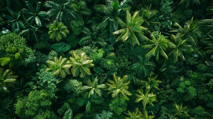 Tropical forest canopy, vibrant greens, close-up, straight-on shot, lush, humid day  - obrazy, fototapety, plakaty