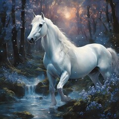 AI generated illustration of a beautiful white stallion in a stream