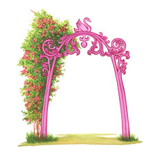 Pink metallic garden arch trellis, overgrown with climbing rose flowers for home patio decor. Hand drawn watercolor painting illustration isolated on white background
